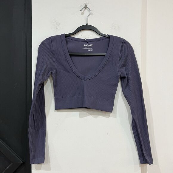 Garage Tops - Garage Ribbed V Neck Longsleeve Crop Top Size Small Basic Dark Purple